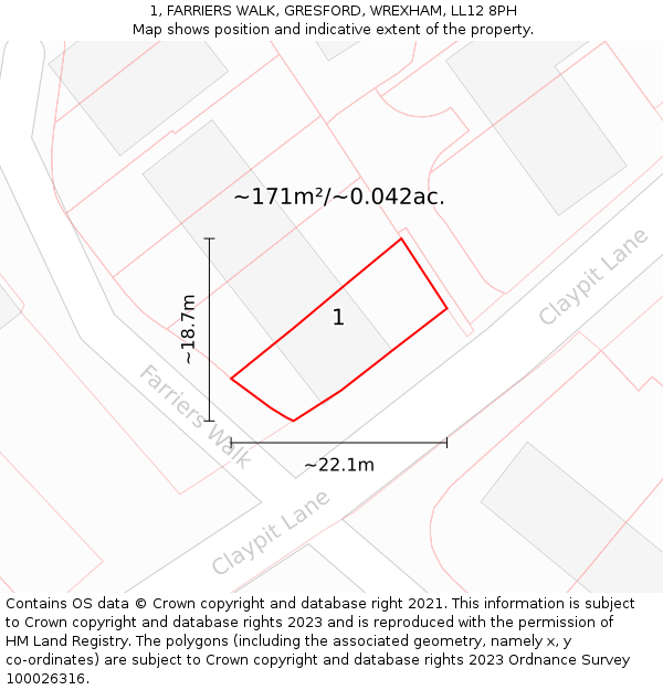1, FARRIERS WALK, GRESFORD, WREXHAM, LL12 8PH: Plot and title map