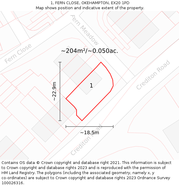 1, FERN CLOSE, OKEHAMPTON, EX20 1PD: Plot and title map