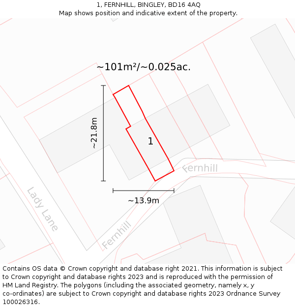 1, FERNHILL, BINGLEY, BD16 4AQ: Plot and title map