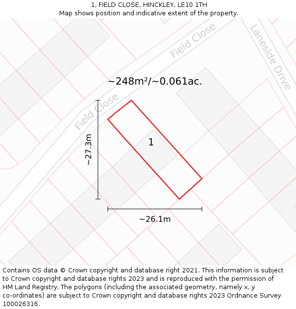 1, FIELD CLOSE, HINCKLEY, LE10 1TH: Plot and title map