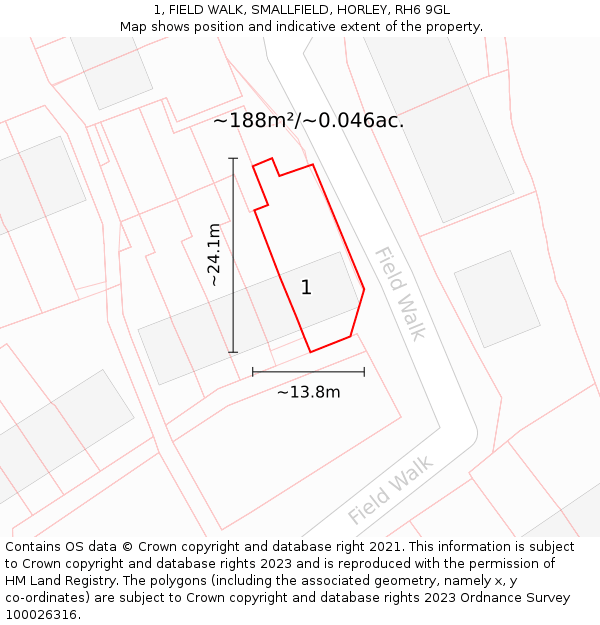 1, FIELD WALK, SMALLFIELD, HORLEY, RH6 9GL: Plot and title map