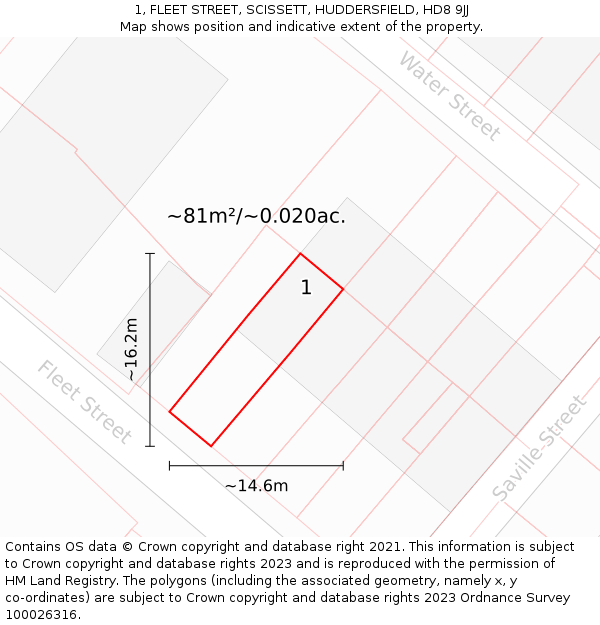 1, FLEET STREET, SCISSETT, HUDDERSFIELD, HD8 9JJ: Plot and title map