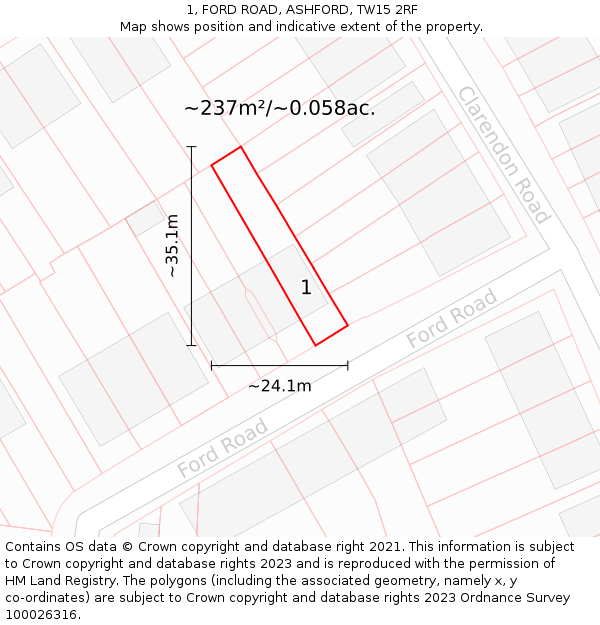 1, FORD ROAD, ASHFORD, TW15 2RF: Plot and title map