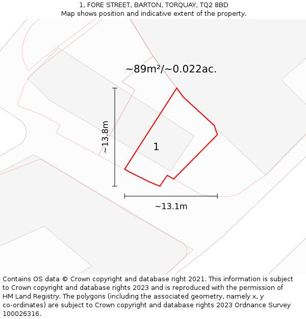 1, FORE STREET, BARTON, TORQUAY, TQ2 8BD: Plot and title map