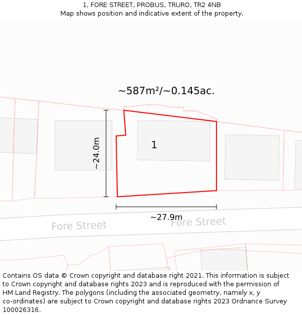 1, FORE STREET, PROBUS, TRURO, TR2 4NB: Plot and title map