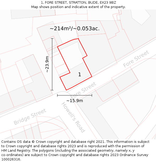 1, FORE STREET, STRATTON, BUDE, EX23 9BZ: Plot and title map