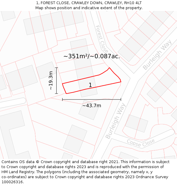 1, FOREST CLOSE, CRAWLEY DOWN, CRAWLEY, RH10 4LT: Plot and title map