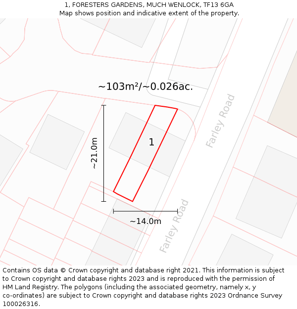 1, FORESTERS GARDENS, MUCH WENLOCK, TF13 6GA: Plot and title map