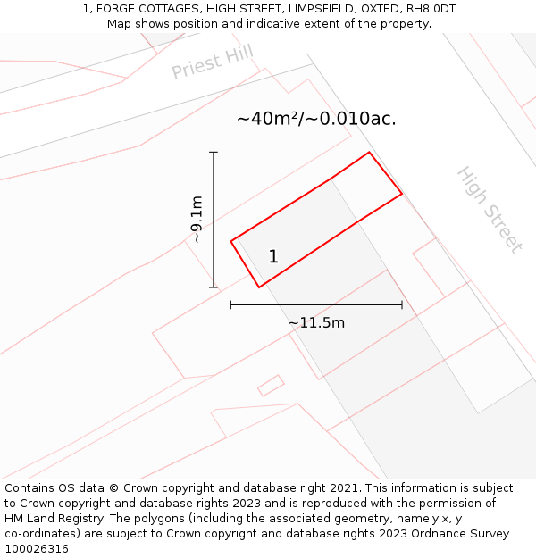1, FORGE COTTAGES, HIGH STREET, LIMPSFIELD, OXTED, RH8 0DT: Plot and title map