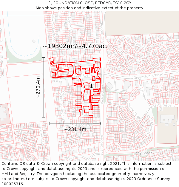 1, FOUNDATION CLOSE, REDCAR, TS10 2GY: Plot and title map