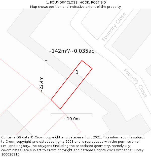 1, FOUNDRY CLOSE, HOOK, RG27 9JD: Plot and title map