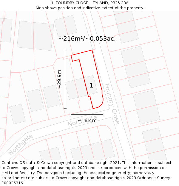 1, FOUNDRY CLOSE, LEYLAND, PR25 3RA: Plot and title map