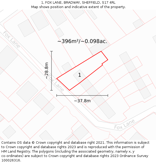 1, FOX LANE, BRADWAY, SHEFFIELD, S17 4RL: Plot and title map