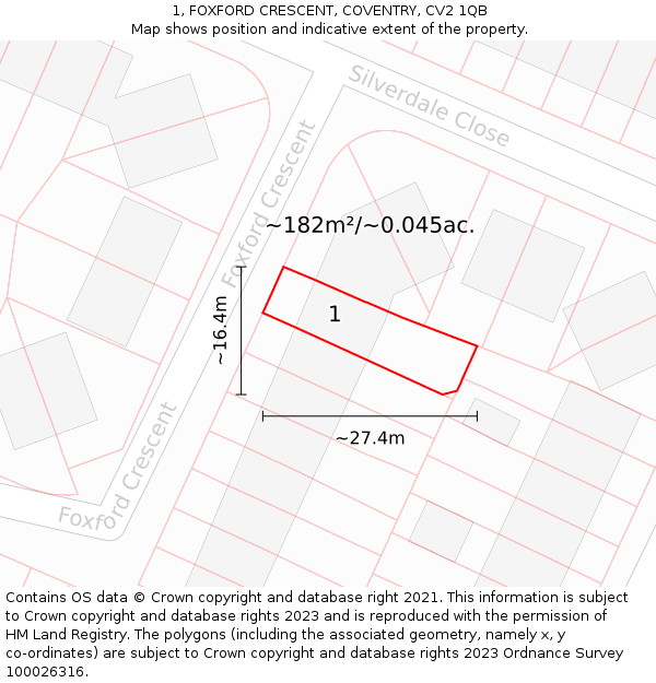 1, FOXFORD CRESCENT, COVENTRY, CV2 1QB: Plot and title map
