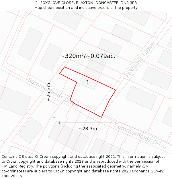 1, FOXGLOVE CLOSE, BLAXTON, DONCASTER, DN9 3PR: Plot and title map