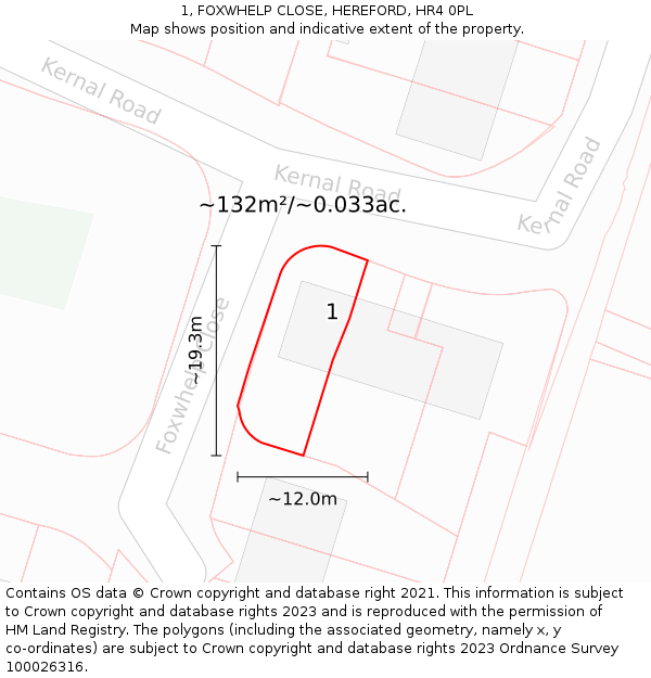 1, FOXWHELP CLOSE, HEREFORD, HR4 0PL: Plot and title map