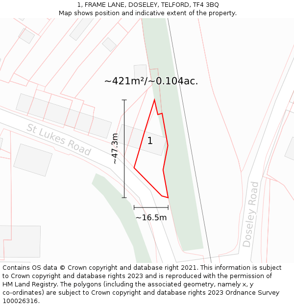 1, FRAME LANE, DOSELEY, TELFORD, TF4 3BQ: Plot and title map