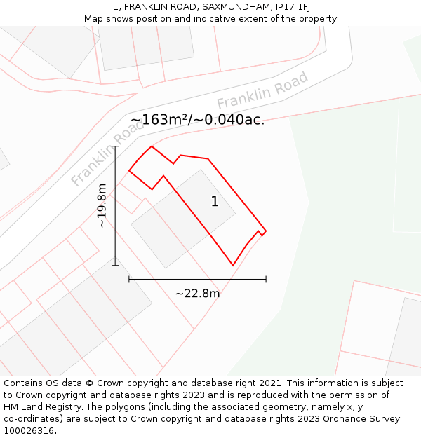 1, FRANKLIN ROAD, SAXMUNDHAM, IP17 1FJ: Plot and title map