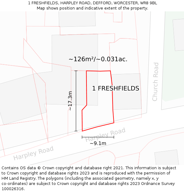 1 FRESHFIELDS, HARPLEY ROAD, DEFFORD, WORCESTER, WR8 9BL: Plot and title map