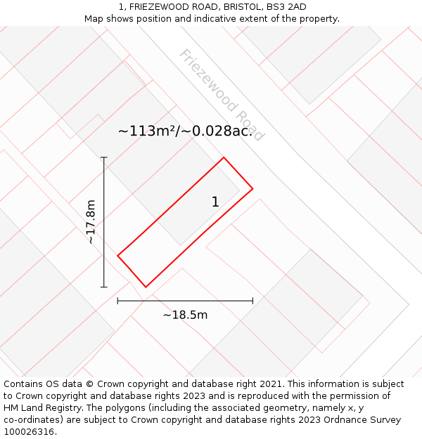 1, FRIEZEWOOD ROAD, BRISTOL, BS3 2AD: Plot and title map