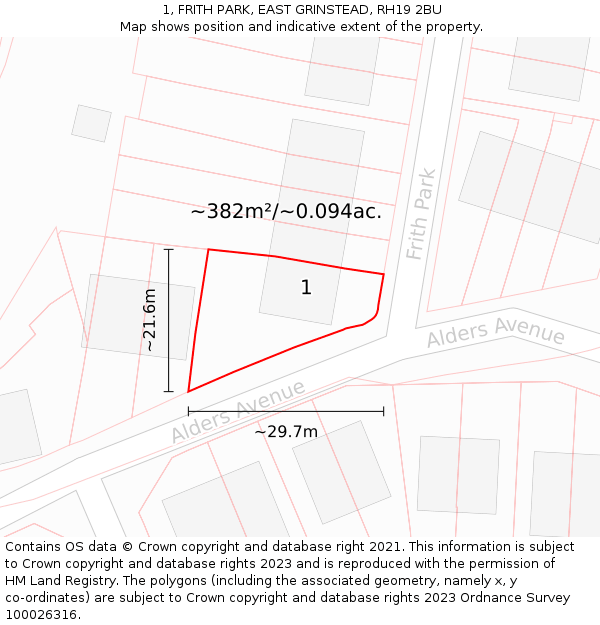 1, FRITH PARK, EAST GRINSTEAD, RH19 2BU: Plot and title map