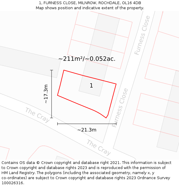 1, FURNESS CLOSE, MILNROW, ROCHDALE, OL16 4DB: Plot and title map