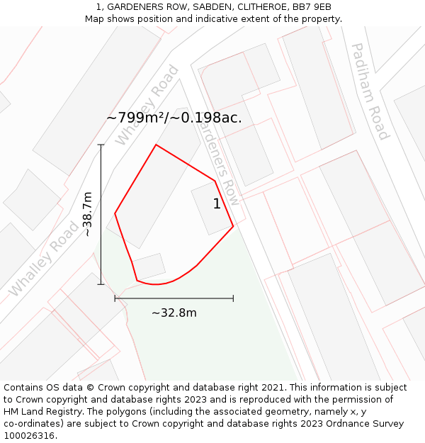 1, GARDENERS ROW, SABDEN, CLITHEROE, BB7 9EB: Plot and title map