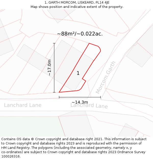 1, GARTH MORCOM, LISKEARD, PL14 4JE: Plot and title map