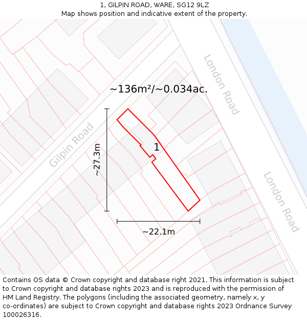 1, GILPIN ROAD, WARE, SG12 9LZ: Plot and title map