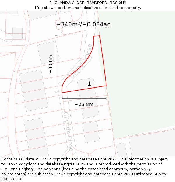 1, GILYNDA CLOSE, BRADFORD, BD8 0HY: Plot and title map