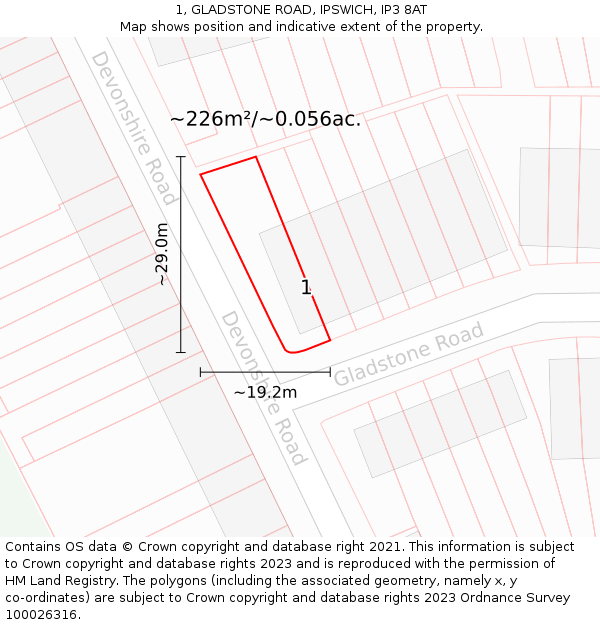 1, GLADSTONE ROAD, IPSWICH, IP3 8AT: Plot and title map