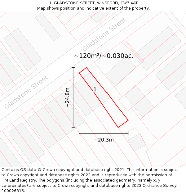 1, GLADSTONE STREET, WINSFORD, CW7 4AT: Plot and title map