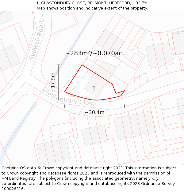 1, GLASTONBURY CLOSE, BELMONT, HEREFORD, HR2 7YL: Plot and title map