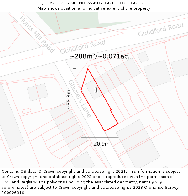 1, GLAZIERS LANE, NORMANDY, GUILDFORD, GU3 2DH: Plot and title map