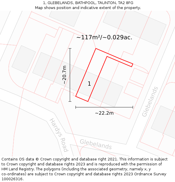 1, GLEBELANDS, BATHPOOL, TAUNTON, TA2 8FG: Plot and title map