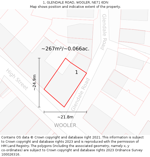 1, GLENDALE ROAD, WOOLER, NE71 6DN: Plot and title map