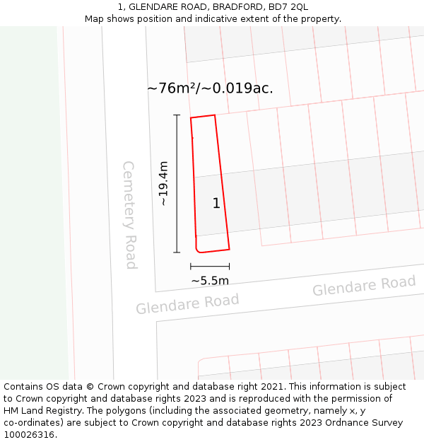 1, GLENDARE ROAD, BRADFORD, BD7 2QL: Plot and title map