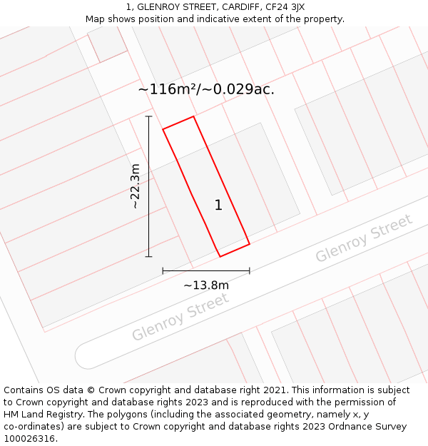 1, GLENROY STREET, CARDIFF, CF24 3JX: Plot and title map