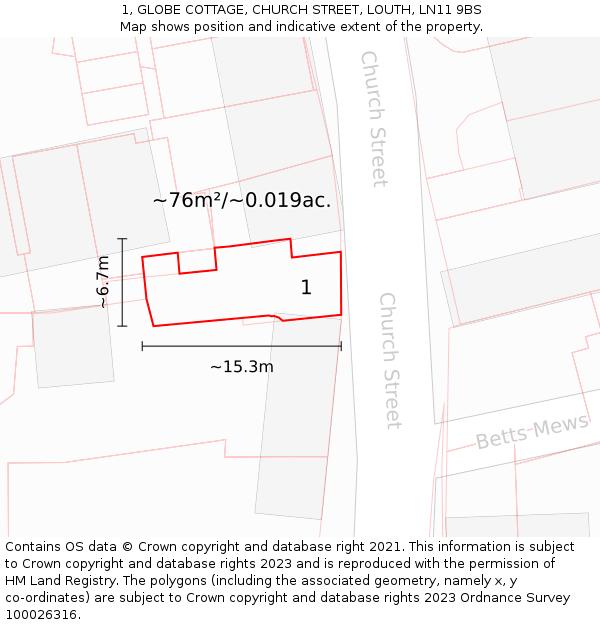 1, GLOBE COTTAGE, CHURCH STREET, LOUTH, LN11 9BS: Plot and title map