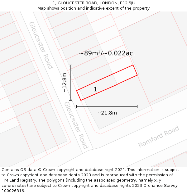 1, GLOUCESTER ROAD, LONDON, E12 5JU: Plot and title map