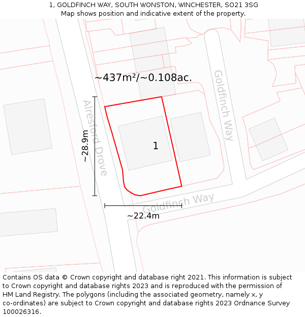 1, GOLDFINCH WAY, SOUTH WONSTON, WINCHESTER, SO21 3SG: Plot and title map