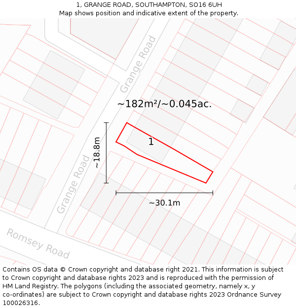 1, GRANGE ROAD, SOUTHAMPTON, SO16 6UH: Plot and title map