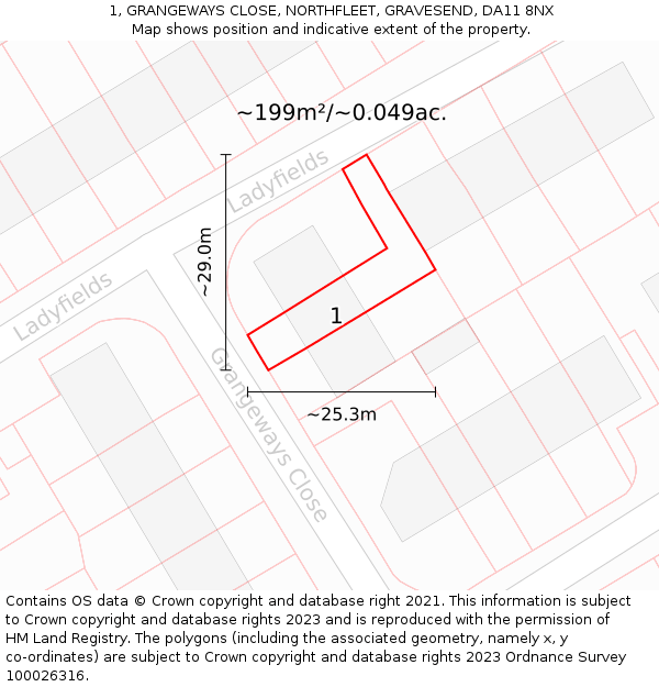 1, GRANGEWAYS CLOSE, NORTHFLEET, GRAVESEND, DA11 8NX: Plot and title map