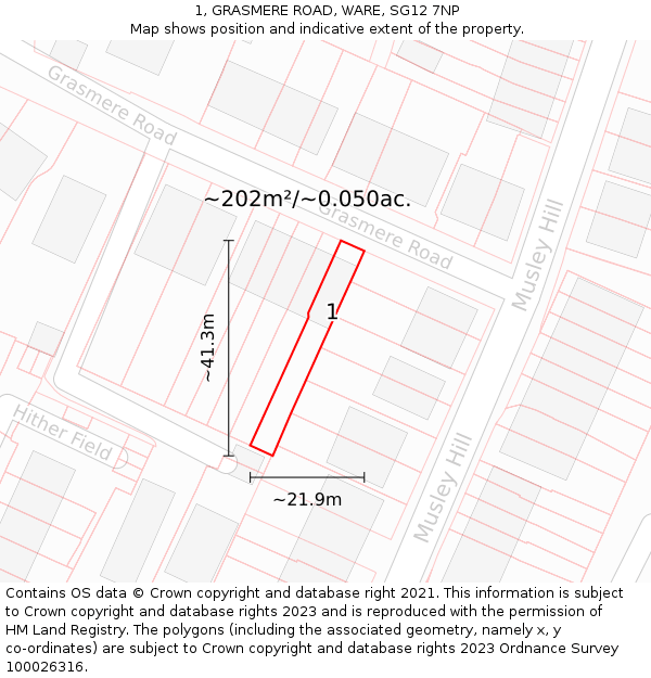 1, GRASMERE ROAD, WARE, SG12 7NP: Plot and title map