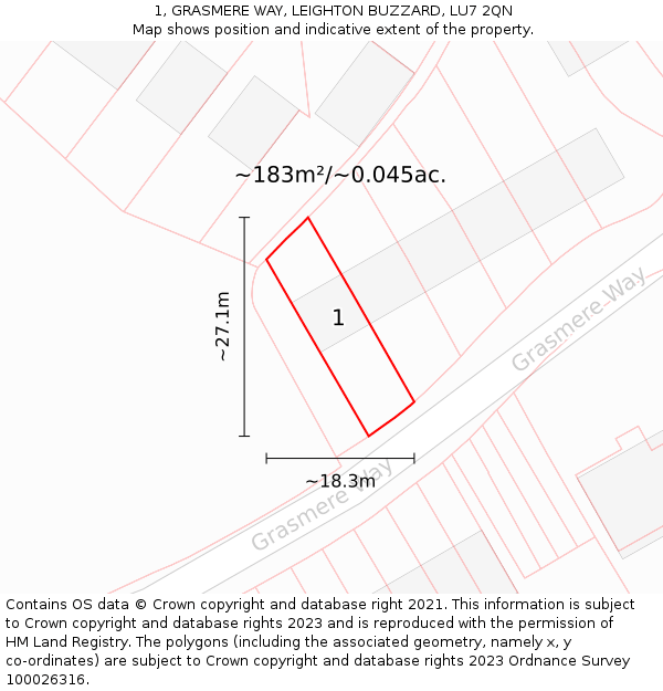 1, GRASMERE WAY, LEIGHTON BUZZARD, LU7 2QN: Plot and title map