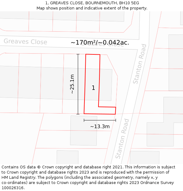 1, GREAVES CLOSE, BOURNEMOUTH, BH10 5EG: Plot and title map