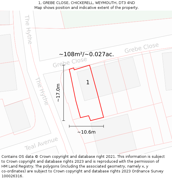 1, GREBE CLOSE, CHICKERELL, WEYMOUTH, DT3 4ND: Plot and title map