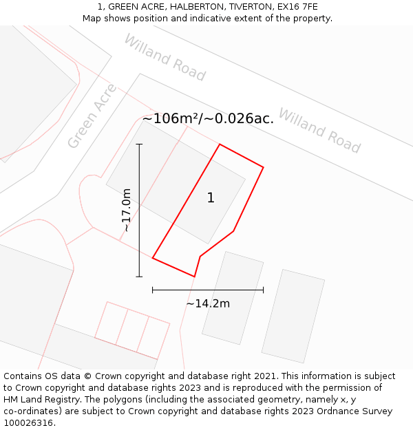 1, GREEN ACRE, HALBERTON, TIVERTON, EX16 7FE: Plot and title map