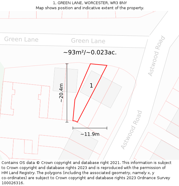 1, GREEN LANE, WORCESTER, WR3 8NY: Plot and title map
