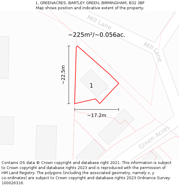 1, GREENACRES, BARTLEY GREEN, BIRMINGHAM, B32 3BF: Plot and title map